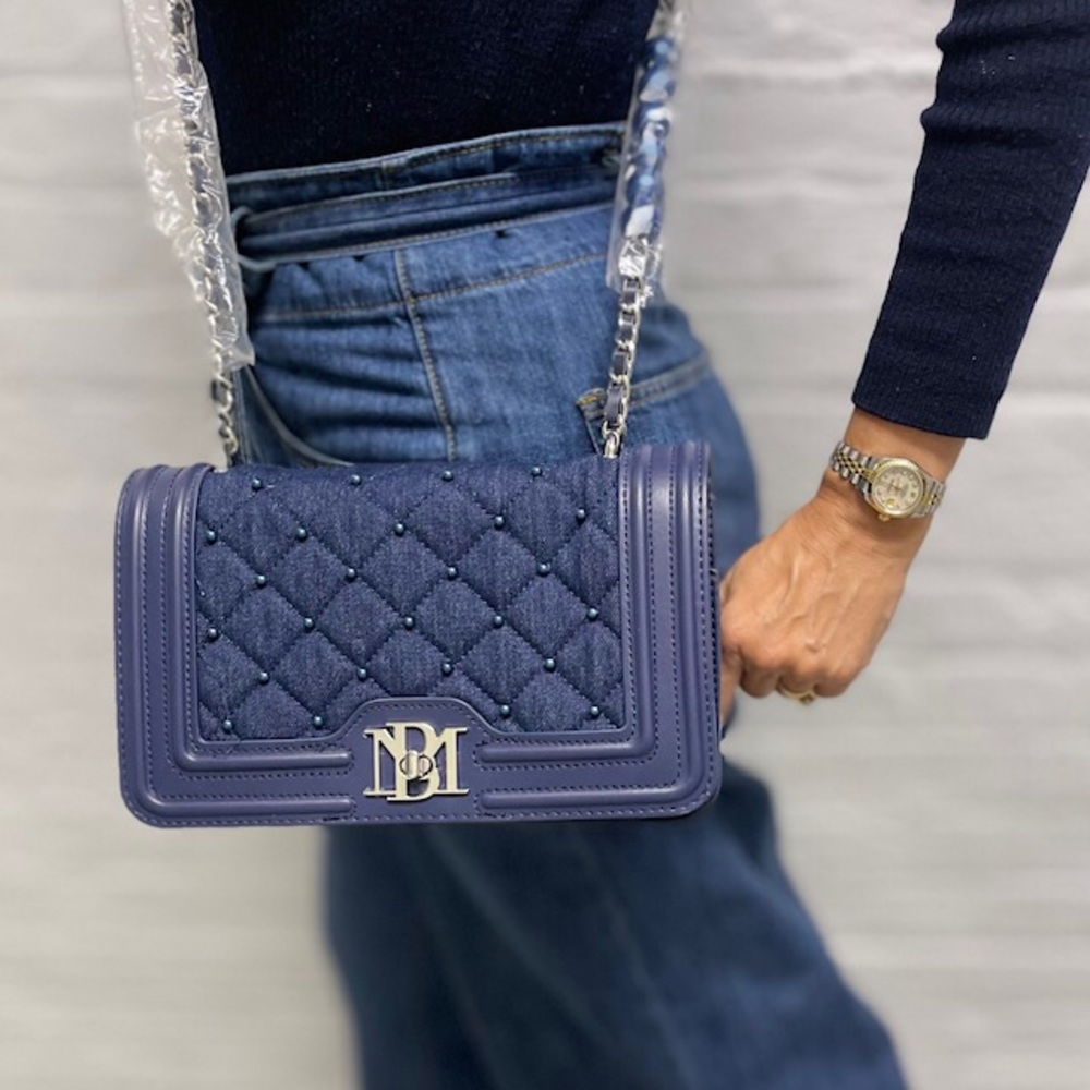 Badgley Mishka blue denim and vegan leather faux pearl messenger bag. NWT - Picture 1 of 10